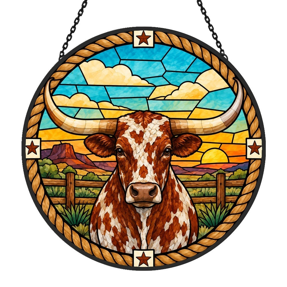 Texas longhorn cattle stained glass suncatcher window hanging, suitable for home and garden decoration