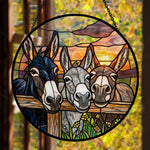 Three peeking donkeys stained glass suncatcher window hanging, suitable for home and garden decoration