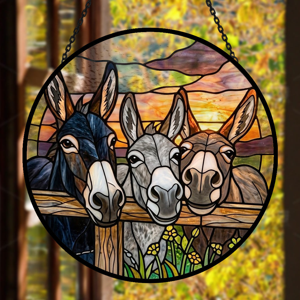 Three peeking donkeys stained glass suncatcher window hanging, suitable for home and garden decoration