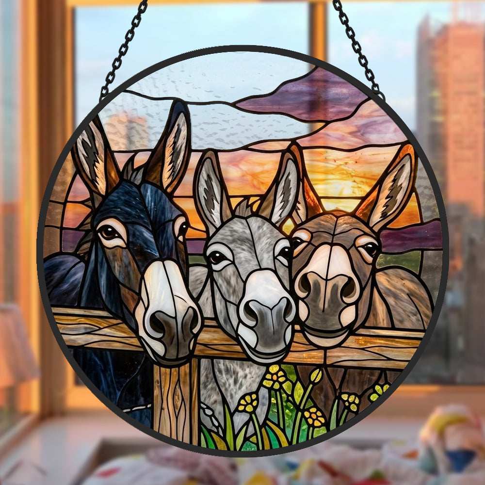 Three peeking donkeys stained glass suncatcher window hanging, suitable for home and garden decoration