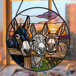 Three peeking donkeys stained glass suncatcher window hanging, suitable for home and garden decoration