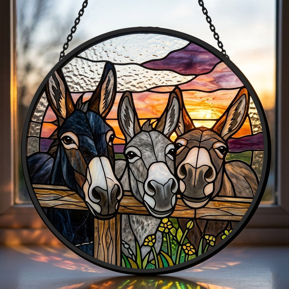 Three peeking donkeys stained glass suncatcher window hanging, suitable for home and garden decoration