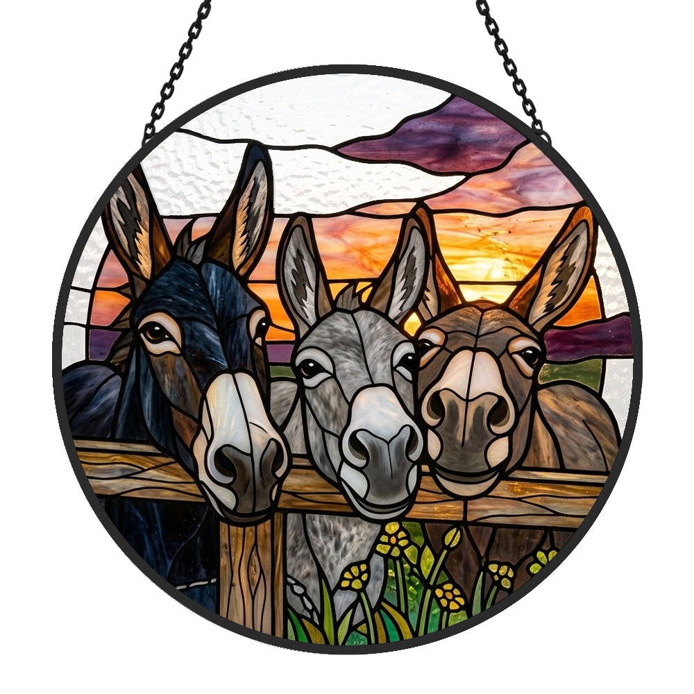 Three peeking donkeys stained glass suncatcher window hanging, suitable for home and garden decoration