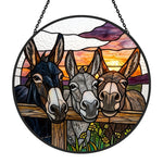 Three peeking donkeys stained glass suncatcher window hanging, suitable for home and garden decoration