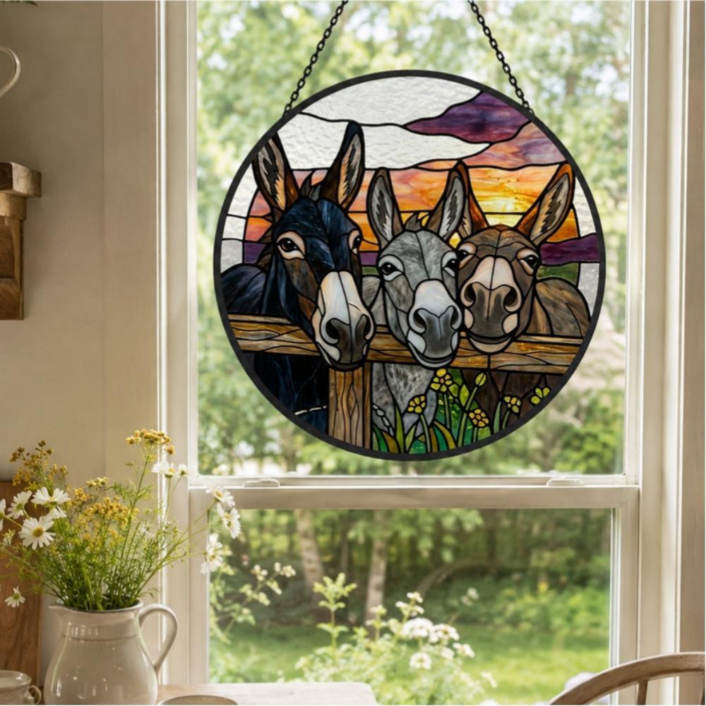 Three peeking donkeys stained glass suncatcher window hanging, suitable for home and garden decoration