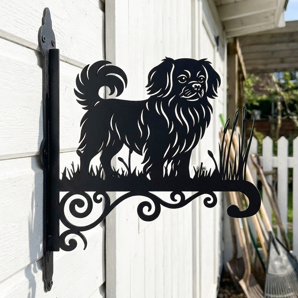 Tibetan spaniel metal hanging basket bracket mounted on outdoor wall for plant decoration