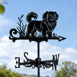 Tibetan spaniel metal weather vane with directional arrows and mounting rod, outdoor roof and garden decoration