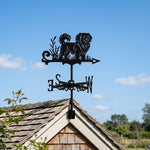 Tibetan spaniel metal weather vane with directional arrows and mounting rod, outdoor roof and garden decoration