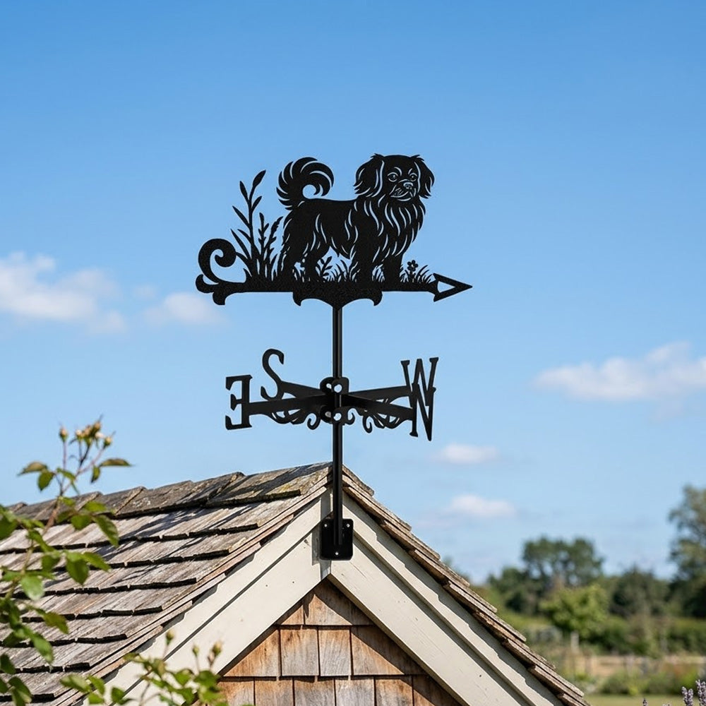 Tibetan spaniel metal weather vane with directional arrows and mounting rod, outdoor roof and garden decoration
