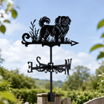 Tibetan spaniel metal weather vane with directional arrows and mounting rod, outdoor roof and garden decoration