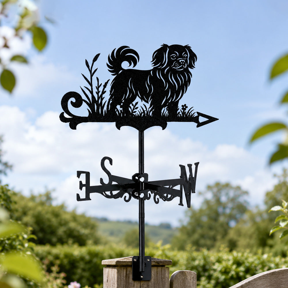 Tibetan spaniel metal weather vane with directional arrows and mounting rod, outdoor roof and garden decoration