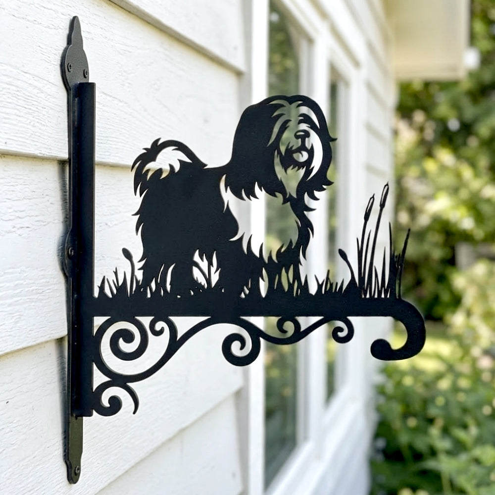 Tibetan terrier metal hanging basket bracket mounted on outdoor wall for plant decoration
