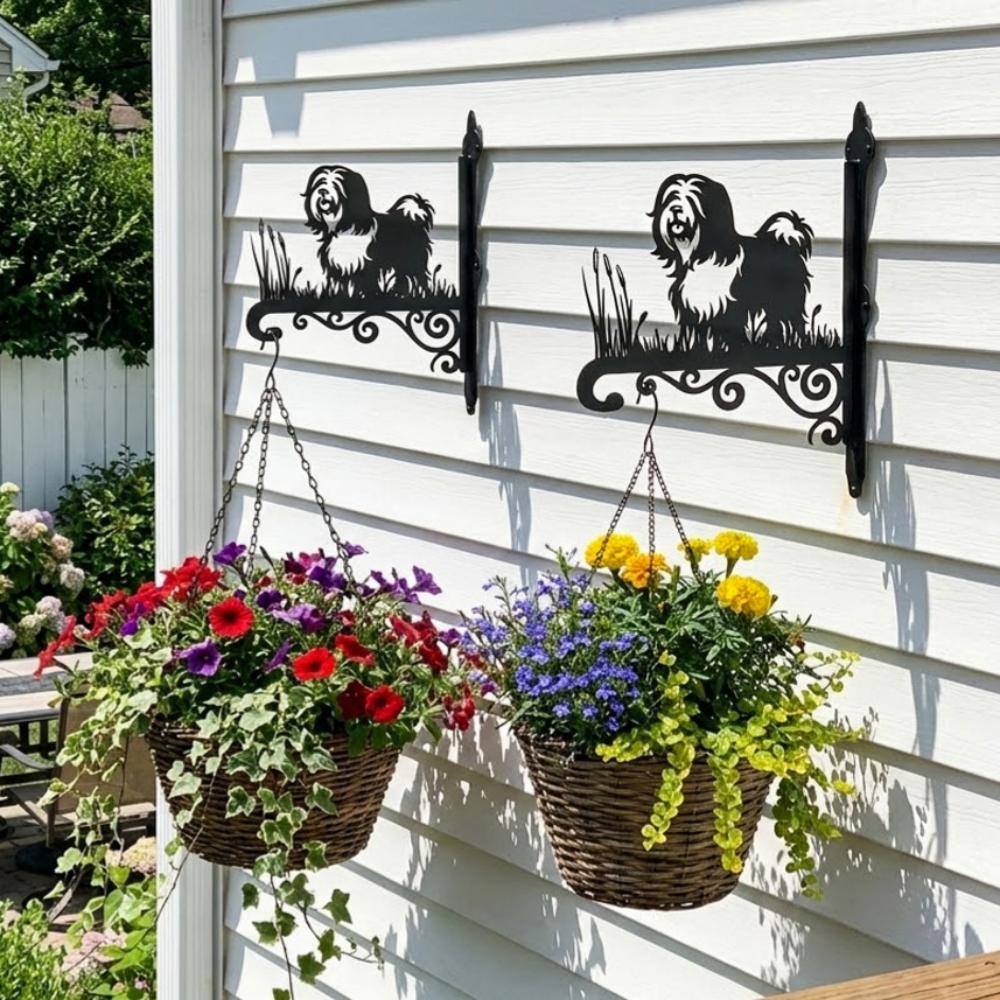Tibetan terrier metal hanging basket bracket mounted on outdoor wall for plant decoration