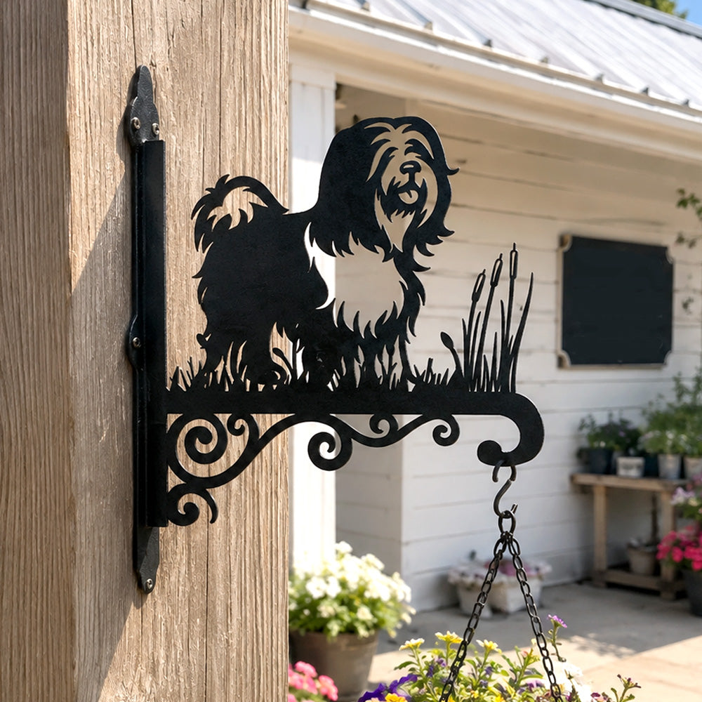 Tibetan terrier metal hanging basket bracket mounted on outdoor wall for plant decoration