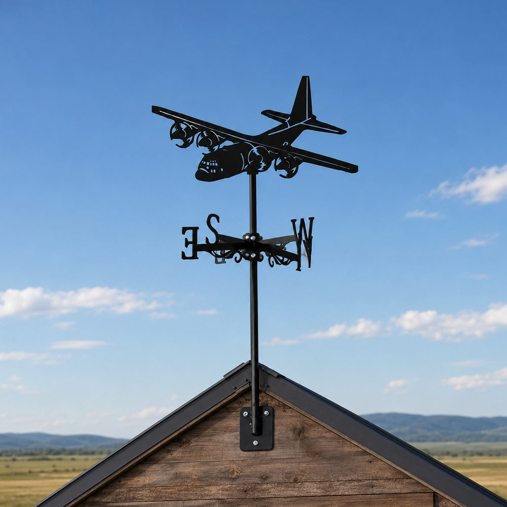 Transport plane metal weather vane with directional arrows and mounting rod, outdoor roof and garden decoration