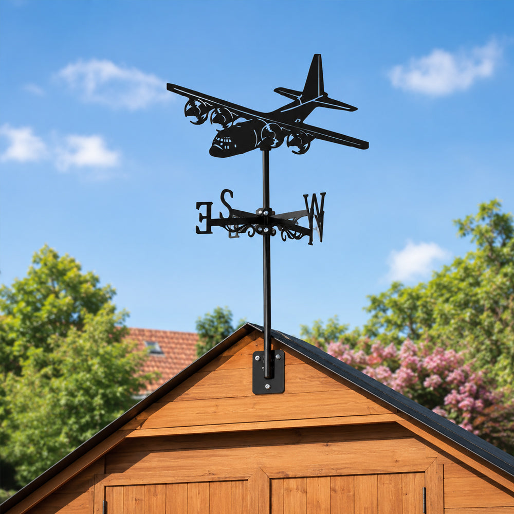 Transport plane metal weather vane with directional arrows and mounting rod, outdoor roof and garden decoration