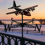 Transport plane metal weather vane with directional arrows and mounting rod, outdoor roof and garden decoration