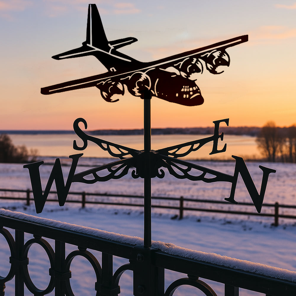 Transport plane metal weather vane with directional arrows and mounting rod, outdoor roof and garden decoration