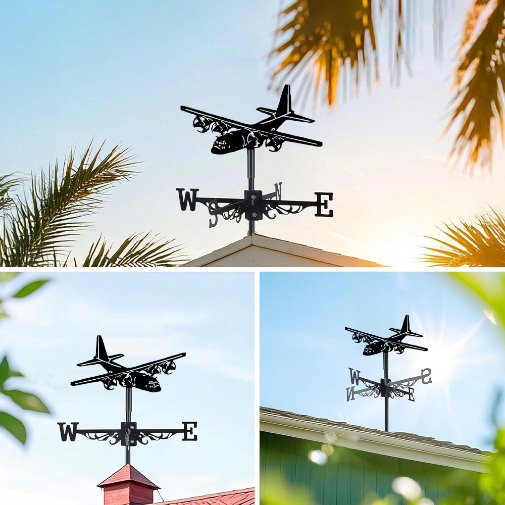 Transport plane metal weather vane with directional arrows and mounting rod, outdoor roof and garden decoration