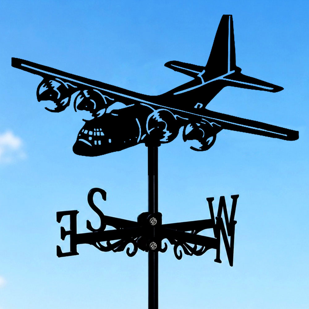 Transport plane metal weather vane with directional arrows and mounting rod, outdoor roof and garden decoration
