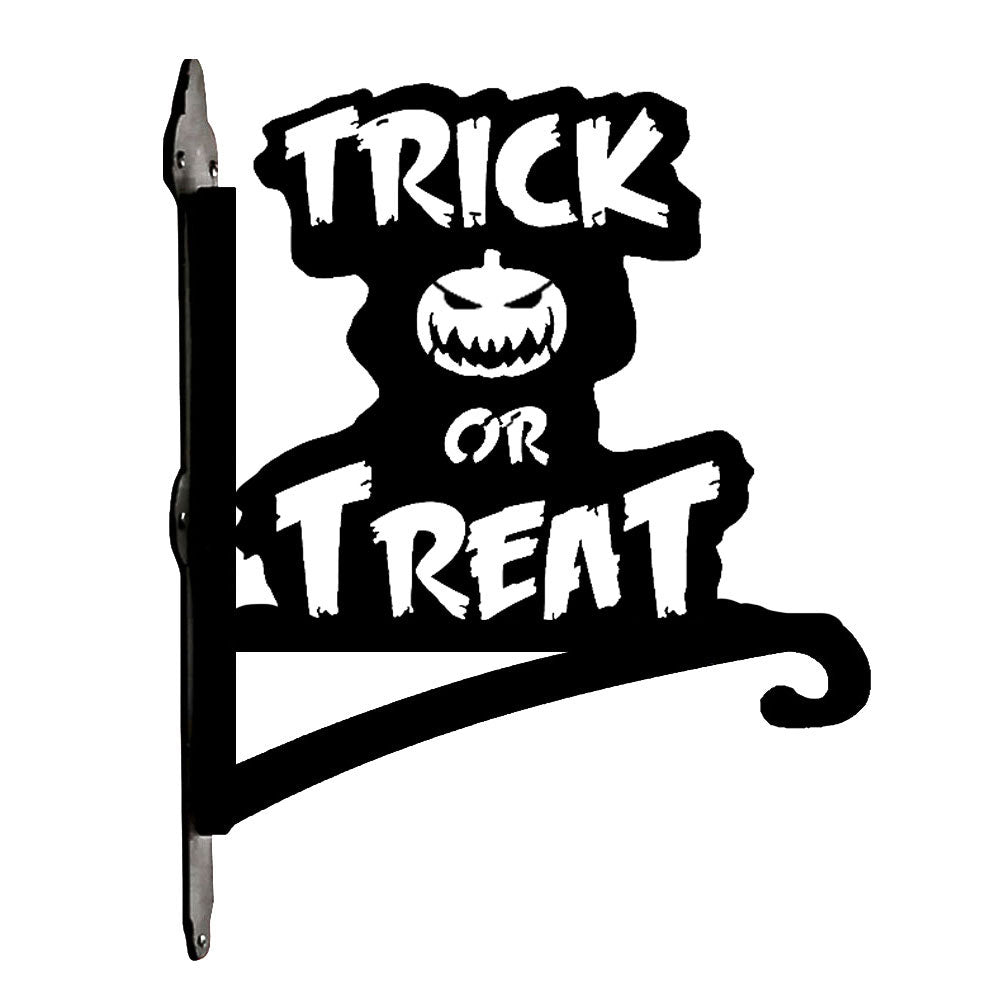 Trick or treat pumpkin metal hanging basket bracket mounted on outdoor wall for plant decoration