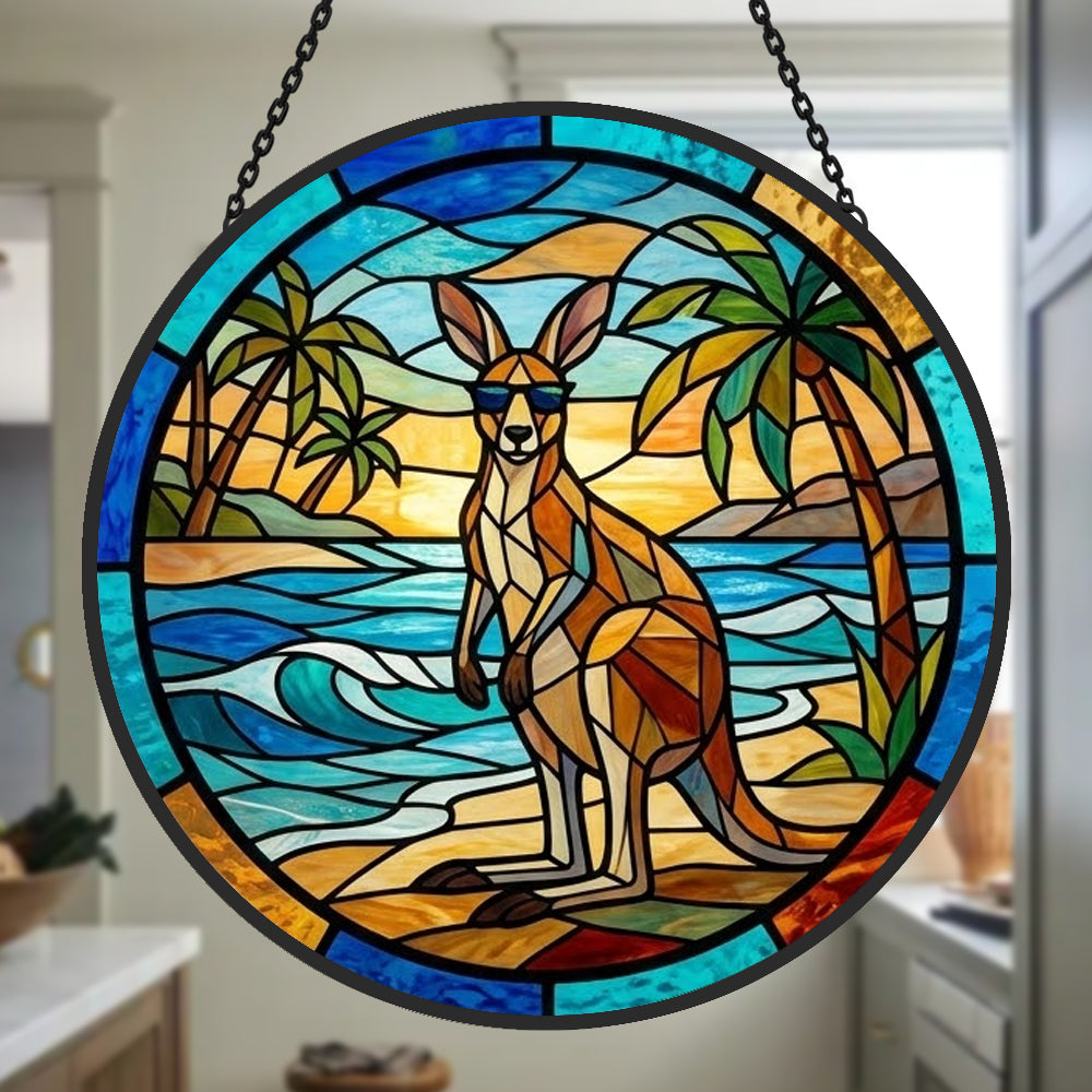 tropical beach sunglasses kangaroo stained glass suncatcher window hanging, suitable for home and garden decoration.