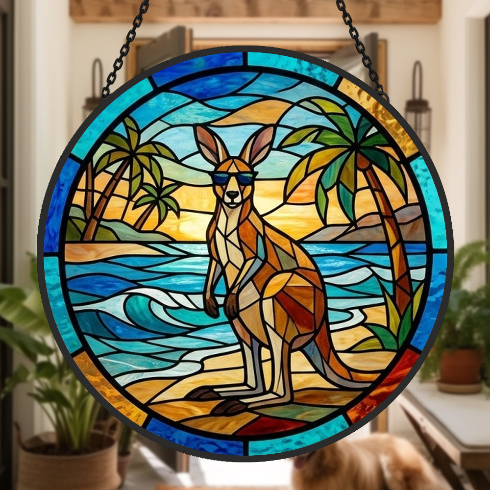 tropical beach sunglasses kangaroo stained glass suncatcher window hanging, suitable for home and garden decoration.