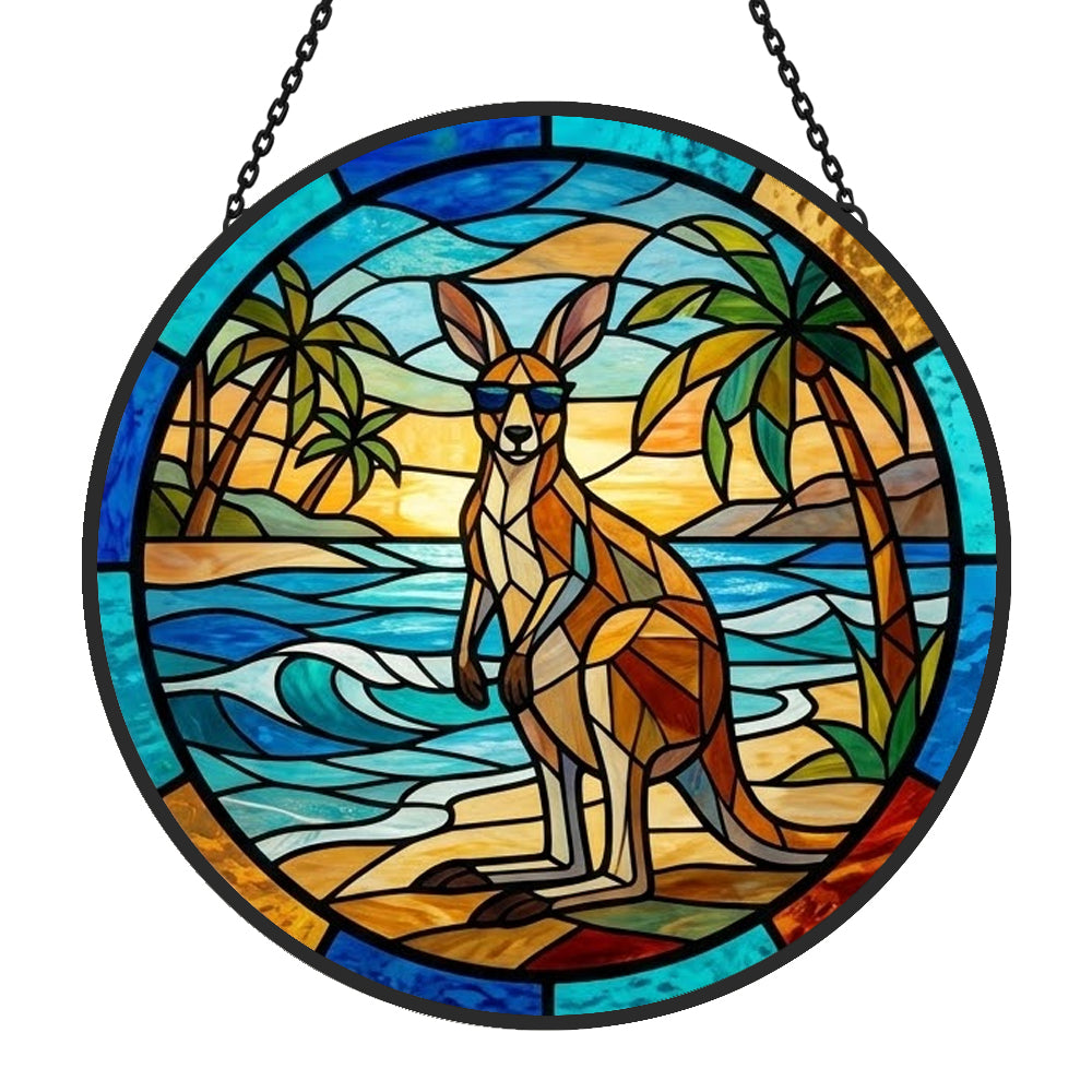 tropical beach sunglasses kangaroo stained glass suncatcher window hanging, suitable for home and garden decoration.