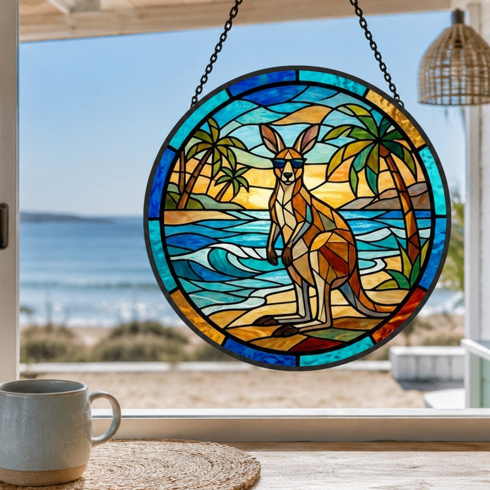 Tropical beach sunglasses kangaroo stained glass suncatcher window hanging, suitable for home and garden decoration