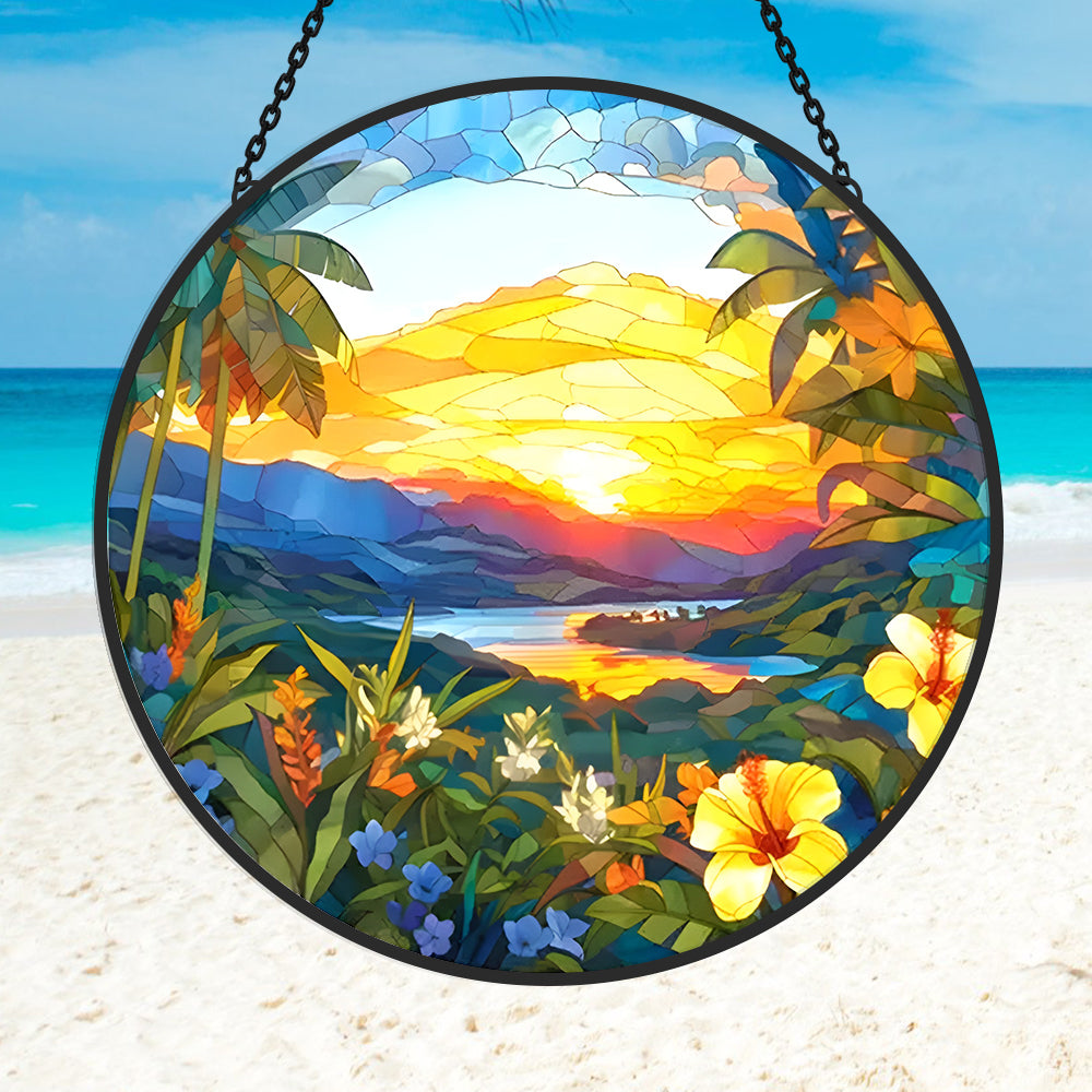 Tropical island sunset hibiscus stained glass suncatcher window hanging, suitable for home and garden decoration