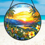 Tropical island sunset hibiscus stained glass suncatcher window hanging, suitable for home and garden decoration