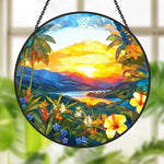 Tropical island sunset hibiscus stained glass suncatcher window hanging, suitable for home and garden decoration