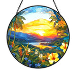 Tropical island sunset hibiscus stained glass suncatcher window hanging, suitable for home and garden decoration