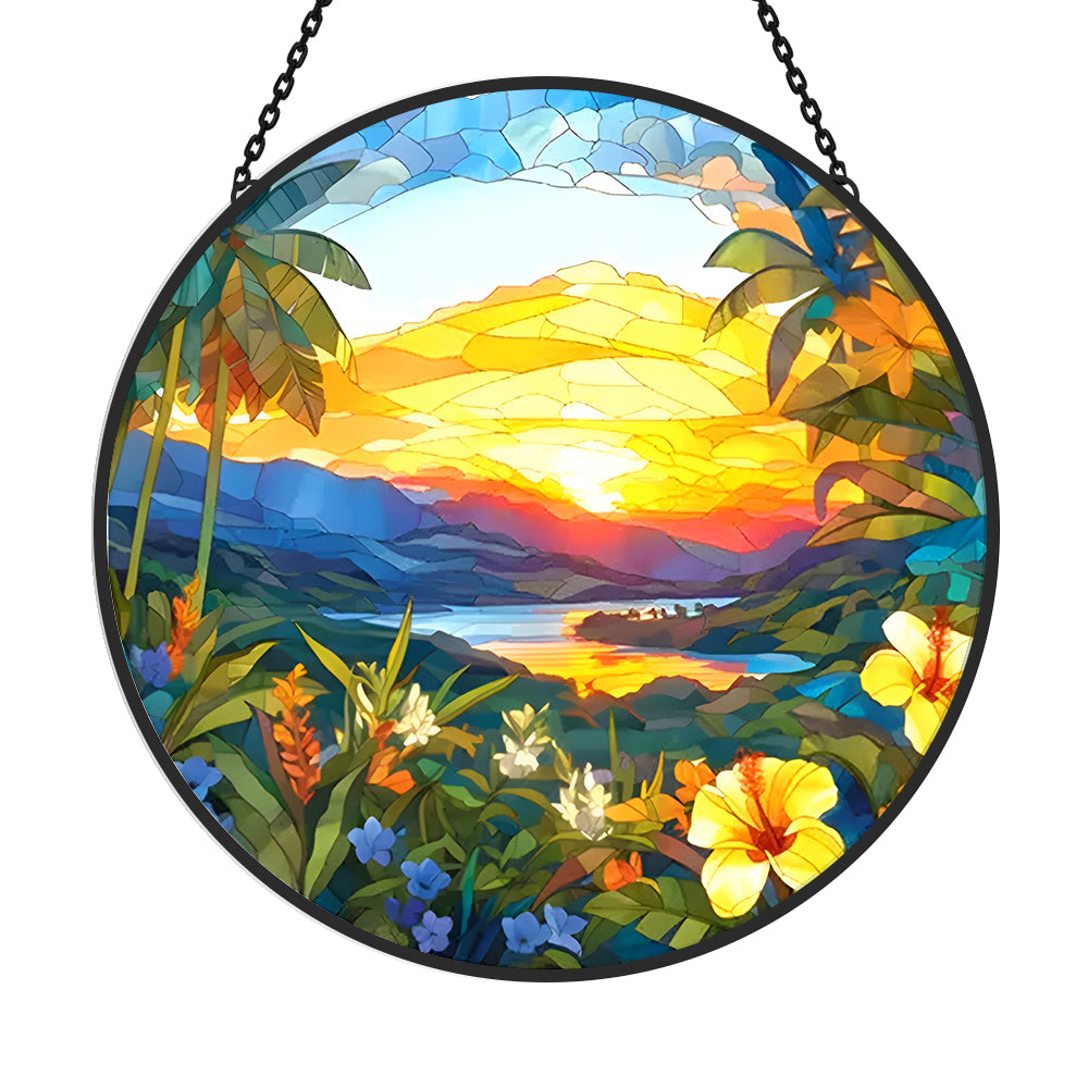 Tropical island sunset hibiscus stained glass suncatcher window hanging, suitable for home and garden decoration