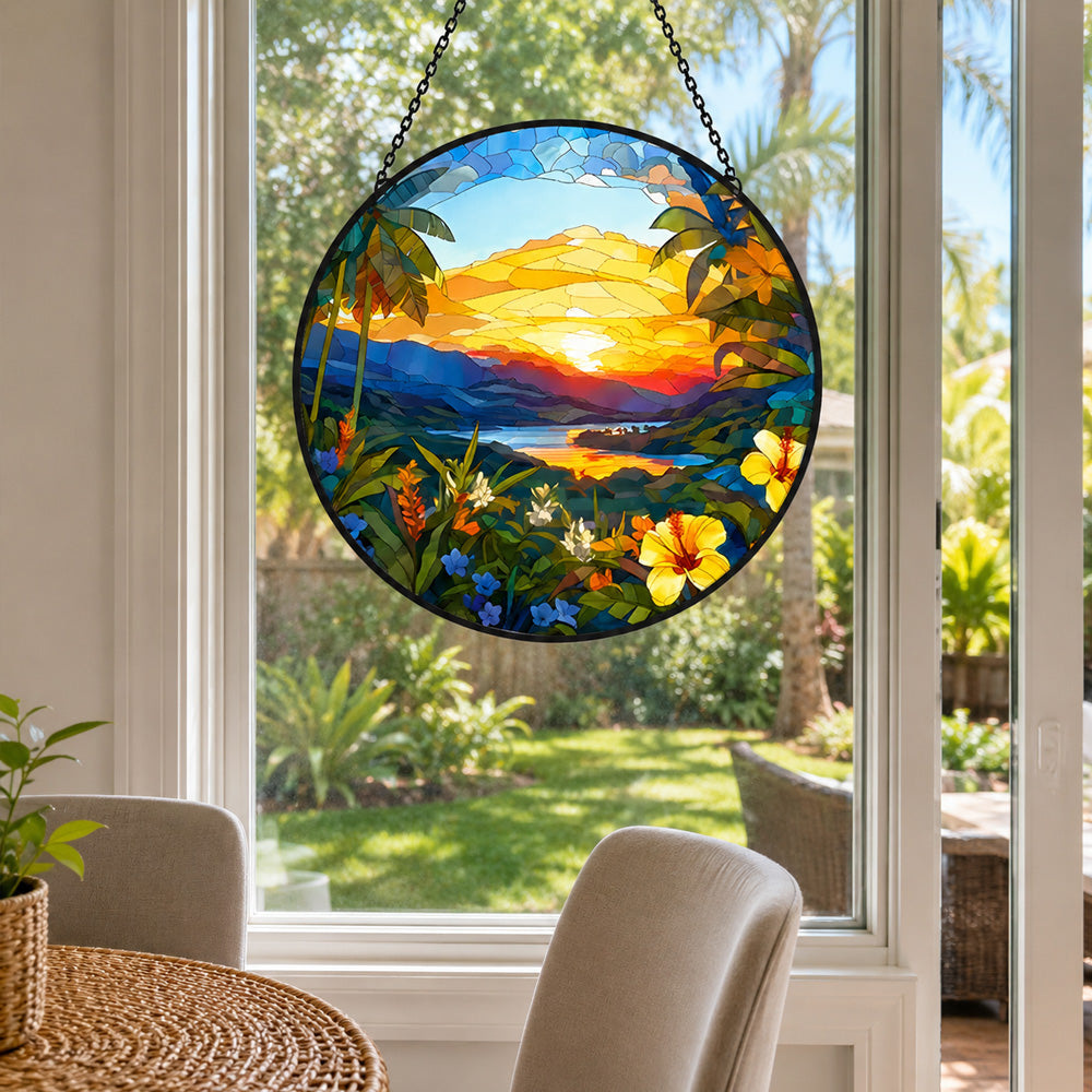 Tropical island sunset hibiscus stained glass suncatcher window hanging, suitable for home and garden decoration