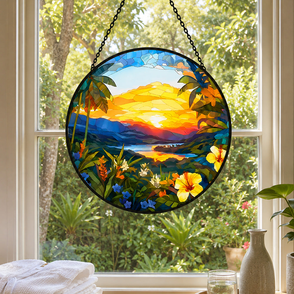 Tropical island sunset hibiscus stained glass suncatcher window hanging, suitable for home and garden decoration