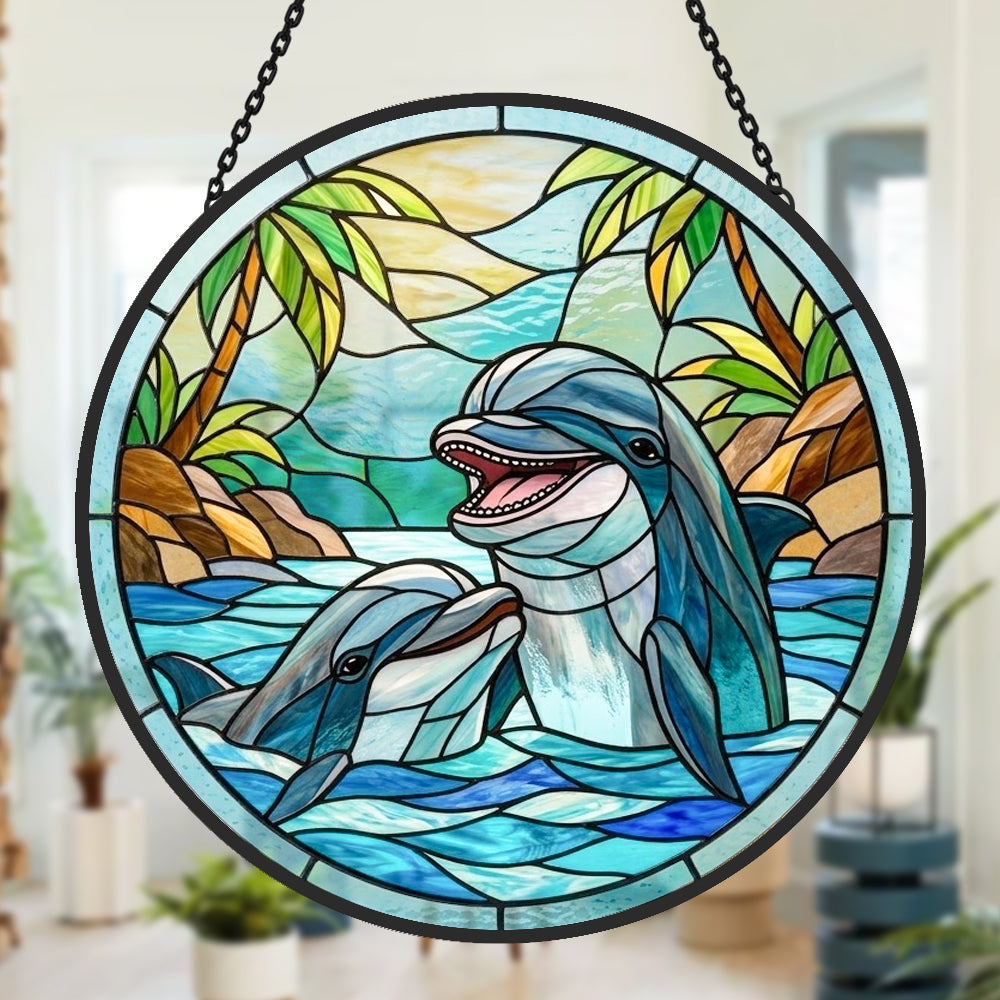 Tropical paradise palm tree dolphins stained glass suncatcher window hanging, suitable for home and garden decoration
