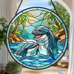 Tropical paradise palm tree dolphins stained glass suncatcher window hanging, suitable for home and garden decoration