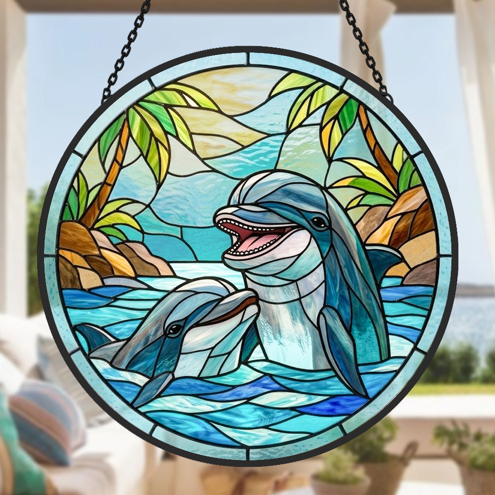 Tropical paradise palm tree dolphins stained glass suncatcher window hanging, suitable for home and garden decoration
