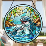 Tropical paradise palm tree dolphins stained glass suncatcher window hanging, suitable for home and garden decoration