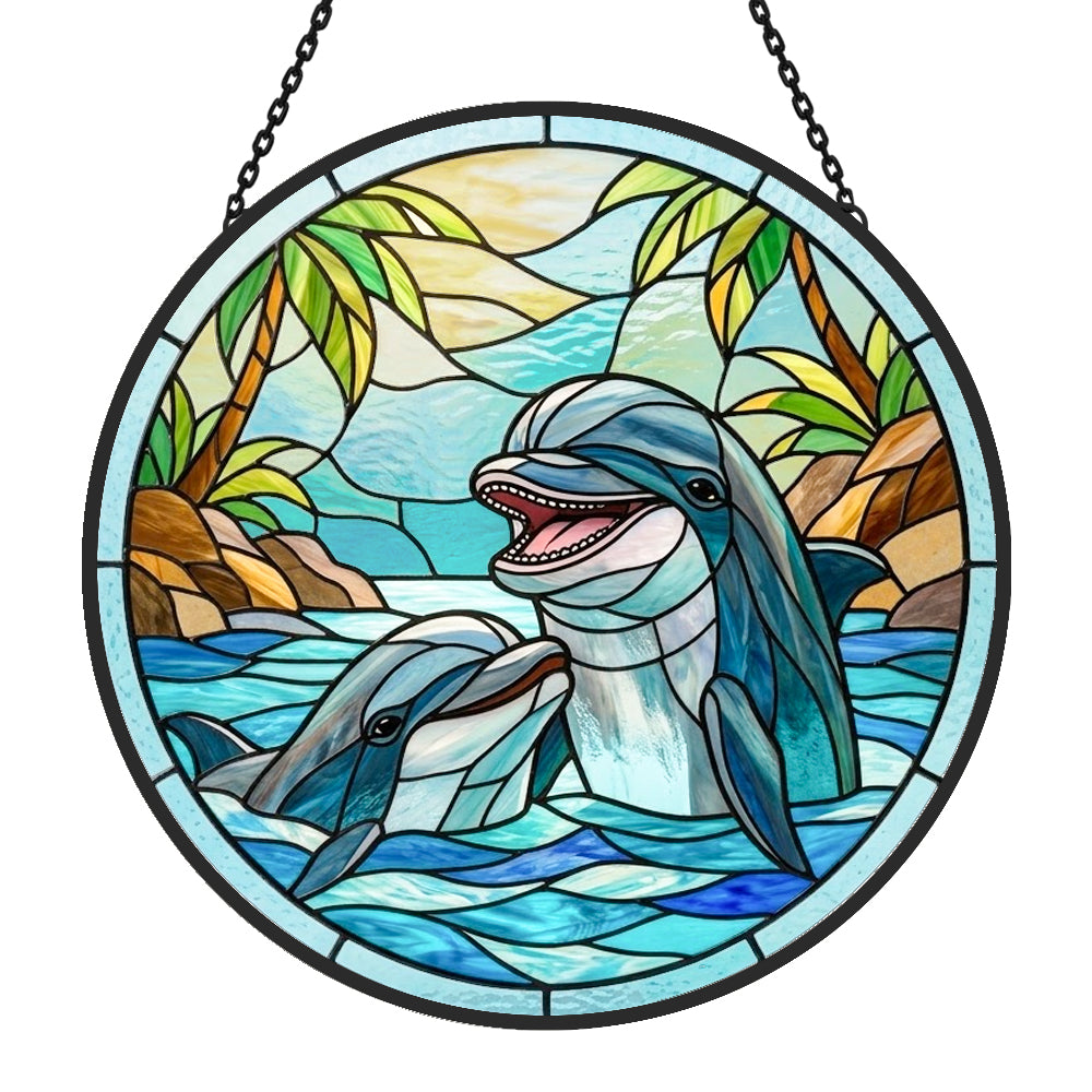 Tropical paradise palm tree dolphins stained glass suncatcher window hanging, suitable for home and garden decoration