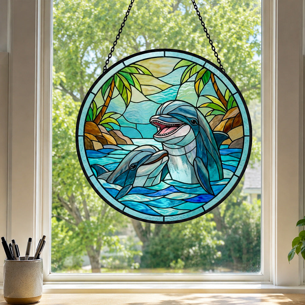 Tropical paradise palm tree dolphins stained glass suncatcher window hanging, suitable for home and garden decoration