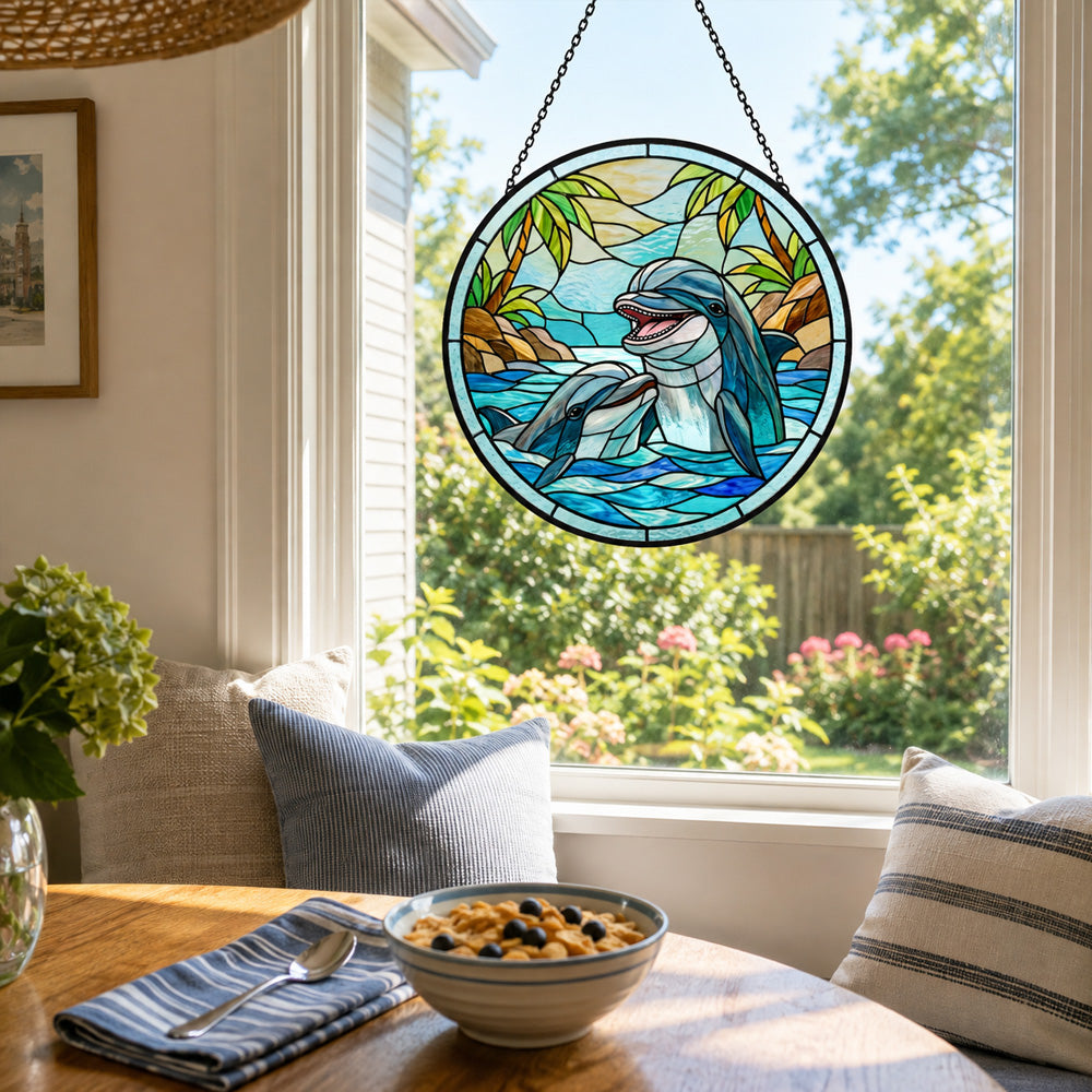 Tropical paradise palm tree dolphins stained glass suncatcher window hanging, suitable for home and garden decoration