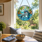 Tropical paradise palm tree dolphins stained glass suncatcher window hanging, suitable for home and garden decoration