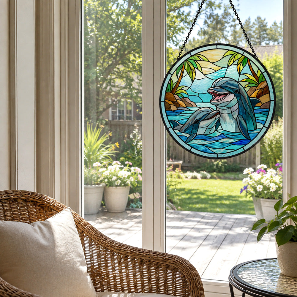 Tropical paradise palm tree dolphins stained glass suncatcher window hanging, suitable for home and garden decoration