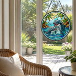 Tropical paradise palm tree dolphins stained glass suncatcher window hanging, suitable for home and garden decoration