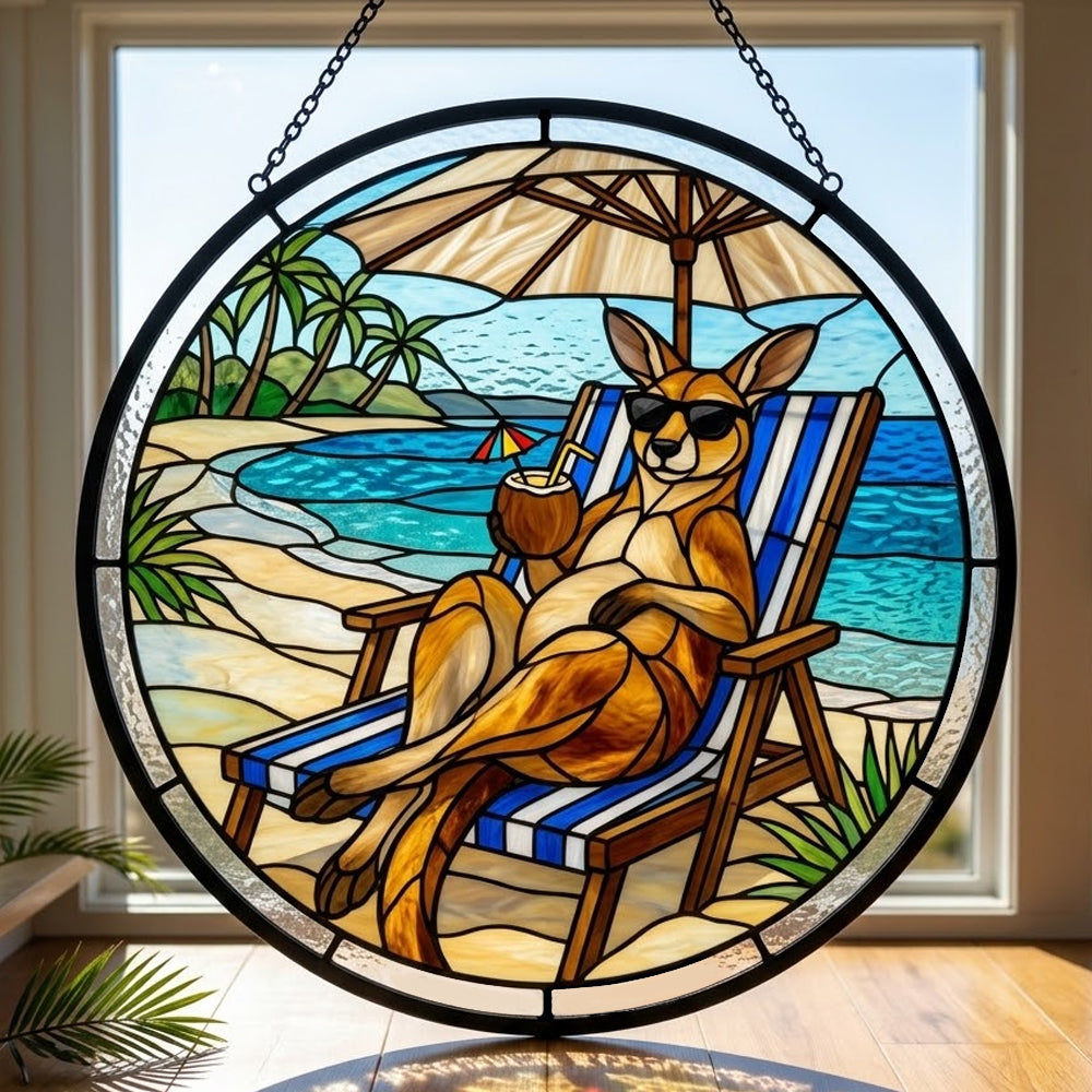 tropical vacation kangaroo stained glass suncatcher window hanging, suitable for home and garden decoration.