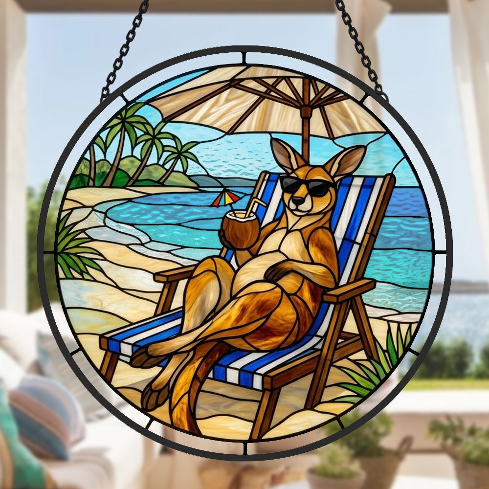 tropical vacation kangaroo stained glass suncatcher window hanging, suitable for home and garden decoration.
