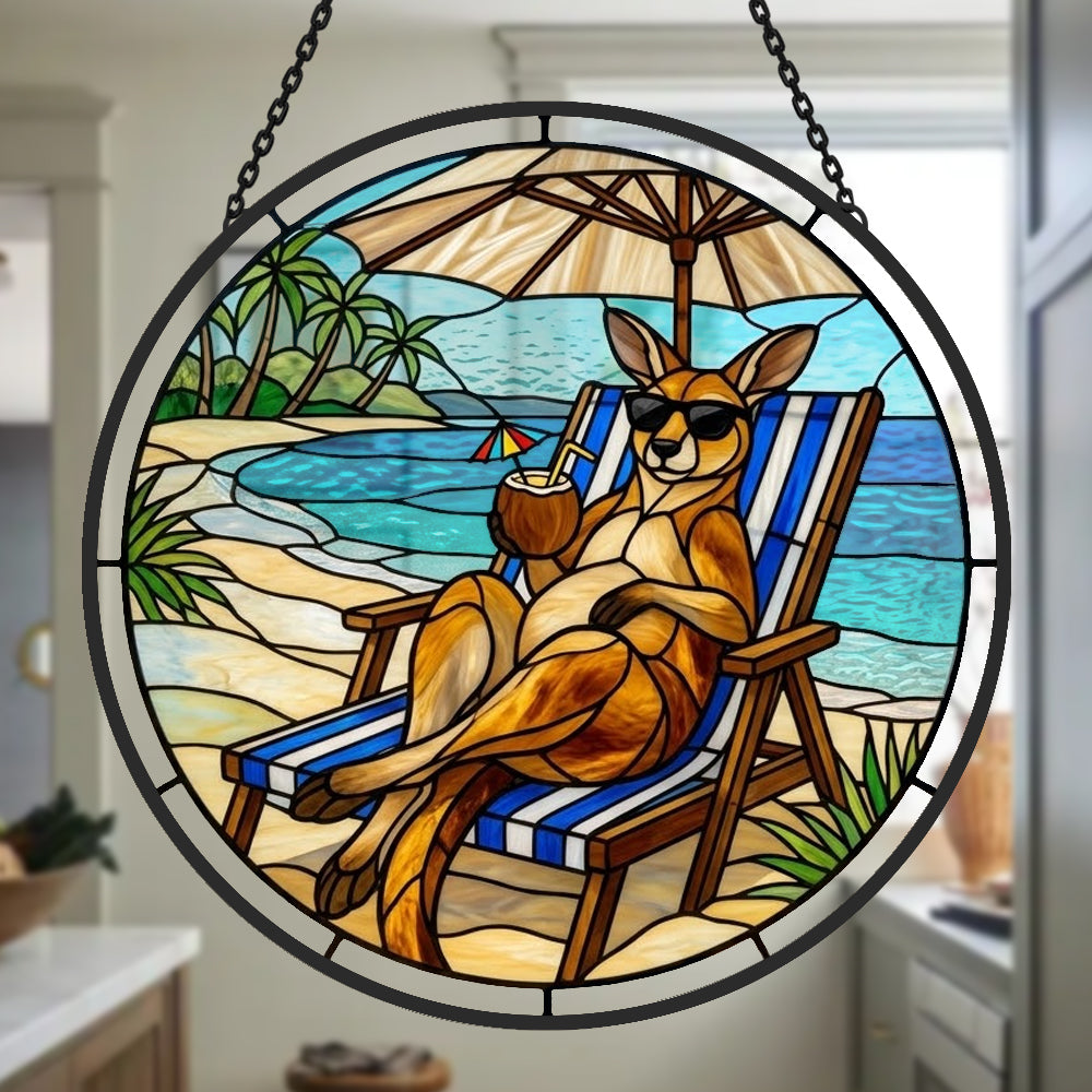 tropical vacation kangaroo stained glass suncatcher window hanging, suitable for home and garden decoration.