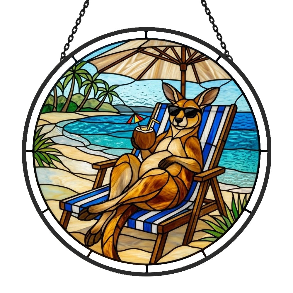 tropical vacation kangaroo stained glass suncatcher window hanging, suitable for home and garden decoration.